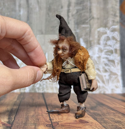 Full-scale view of a handmade gothic miniature — Small art doll Gnome with books (10/12), one-of-a-kind sculpture by Ritunia
