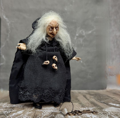 Full-scale view of a handmade gothic miniature — Small doll Witch (3/16), Acrylic paint, polymer clay, fabric