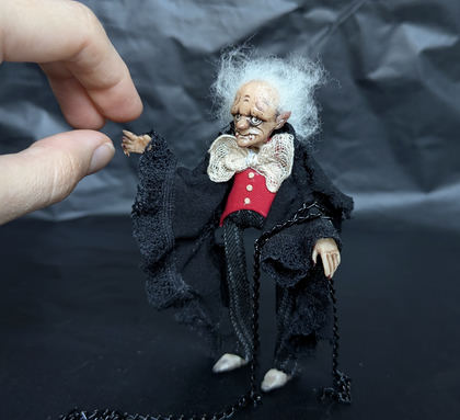 Full-scale view of a handmade gothic miniature — Small doll Vampire (5/10), Acrylic paint, polymer clay, fabric
