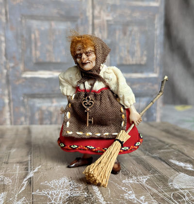 Full-scale view of a handmade gothic miniature — Small doll Baba Yaga (5/8), one-of-a-kind sculpture by Ritunia