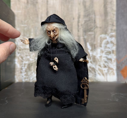Full-scale view of a handmade gothic miniature — Small doll Witch (12/16), Acrylic paint, polymer clay, fabric