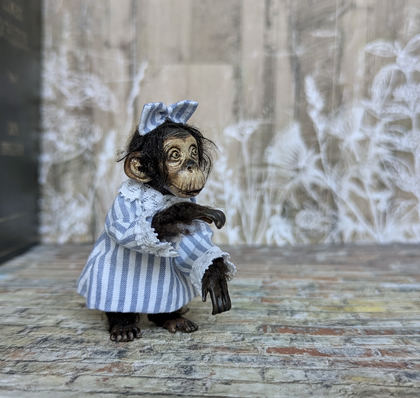 Full-scale view of a handmade gothic miniature — Small art doll Monkey (2/9), one-of-a-kind sculpture by Ritunia