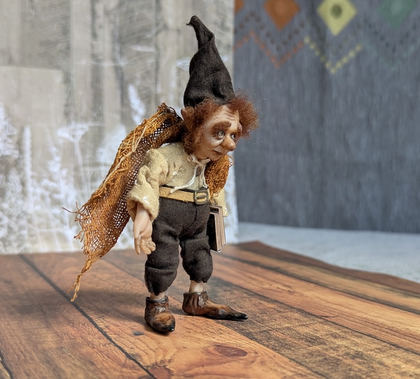 Full-scale view of a handmade gothic miniature — Small art doll Gnome with books (9/12), one-of-a-kind sculpture by Ritunia