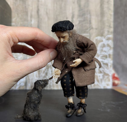 Full-scale view of a handmade gothic miniature — Small authors doll Man with the dog (5/15)