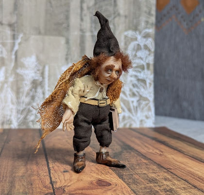 Full-scale view of a handmade gothic miniature — Small art doll Gnome with books (6/12), one-of-a-kind sculpture by Ritunia