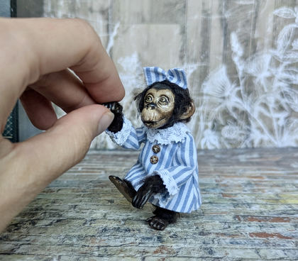 Full-scale view of a handmade gothic miniature — Small art doll Monkey (3/9), one-of-a-kind sculpture by Ritunia