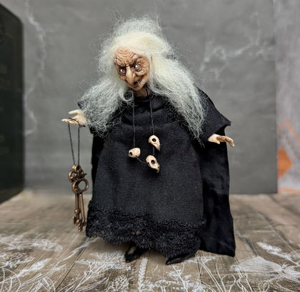 Full-scale view of a handmade gothic miniature — Small doll Witch (15/16), Acrylic paint, polymer clay, fabric