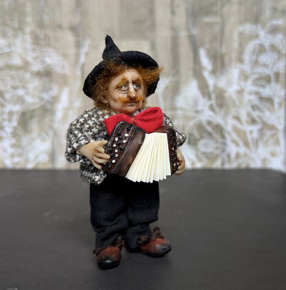 Full-scale view of a handmade gothic miniature — Small art doll Street Musician (14/15), one-of-a-kind sculpture by Ritunia