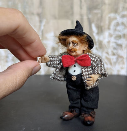 Full-scale view of a handmade gothic miniature — Small art doll Street Musician (3/15), one-of-a-kind sculpture by Ritunia