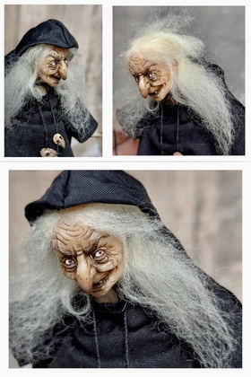 Full-scale view of a handmade gothic miniature — Small doll Witch (14/16), Acrylic paint, polymer clay, fabric