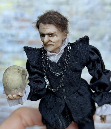 Full-scale view of a handmade gothic miniature — Small art doll Hamlet (3/8), Acrylic paint, polymer clay, fabric, wool