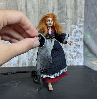 Full-scale view of a handmade gothic miniature — Small art doll Witch (3/9), one-of-a-kind sculpture by Ritunia