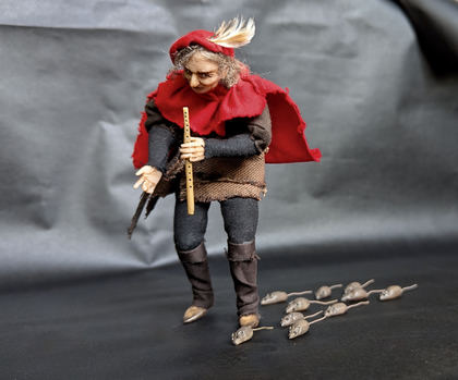 Full-scale view of a handmade gothic miniature — Small art doll Pied Piper (9/12), one-of-a-kind sculpture by Ritunia