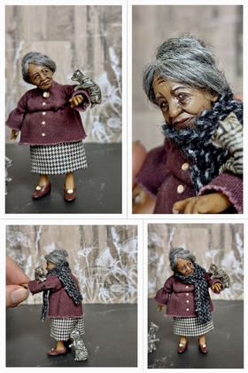 Full-scale view of a handmade gothic miniature — Granny with cats (7/8), polymer clay, acryilcs, varnish, wire, wool, fabric