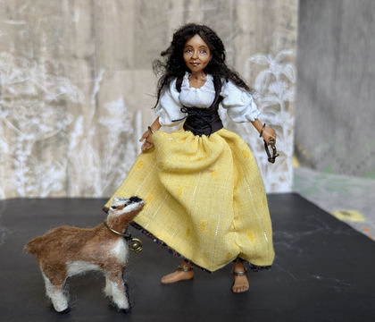 Close-up detail of a handmade gothic miniature — Small art doll Esmeralda, one-of-a-kind sculpture by Ritunia