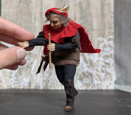 Full-scale view of a handmade gothic miniature — Small art doll Pied Piper (7/12), one-of-a-kind sculpture by Ritunia