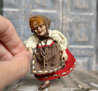 Full-scale view of a handmade gothic miniature — Small doll Baba Yaga (8/8), one-of-a-kind sculpture by Ritunia