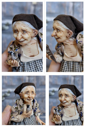 Full-scale view of a handmade gothic miniature — Granny with the bird (5/8), polymer clay, fabric, acrylics, varnish, wool