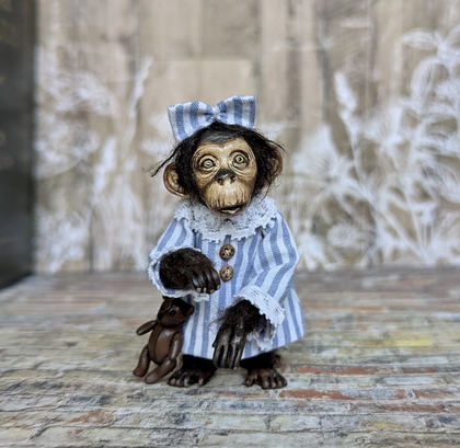 Full-scale view of a handmade gothic miniature — Small art doll Monkey (8/9), one-of-a-kind sculpture by Ritunia