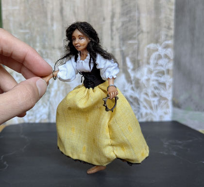 Full-scale view of a handmade gothic miniature — Small art doll Esmeralda (2/15), one-of-a-kind sculpture by Ritunia