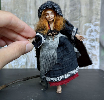Full-scale view of a handmade gothic miniature — Small art doll Witch (1/9), one-of-a-kind sculpture by Ritunia