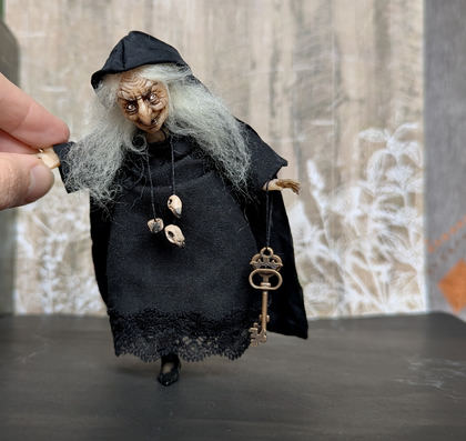 Full-scale view of a handmade gothic miniature — Small doll Witch (9/16), Acrylic paint, polymer clay, fabric