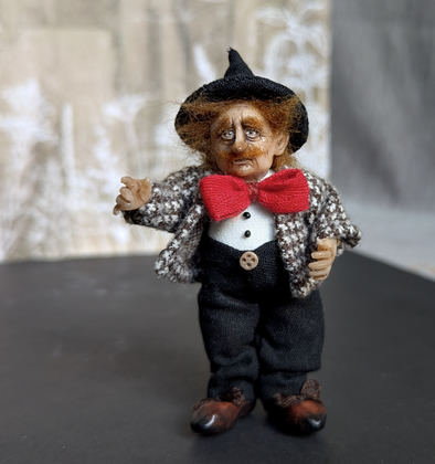 Full-scale view of a handmade gothic miniature — Small art doll Street Musician (11/15), one-of-a-kind sculpture by Ritunia