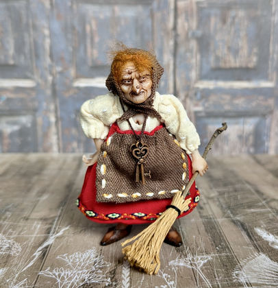 Full-scale view of a handmade gothic miniature — Small doll Baba Yaga (1/8), one-of-a-kind sculpture by Ritunia