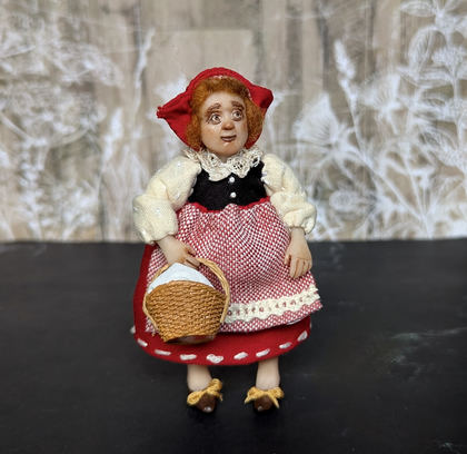 Full-scale view of a handmade gothic miniature — Small art doll Red riding hood (1/9), one-of-a-kind sculpture by Ritunia