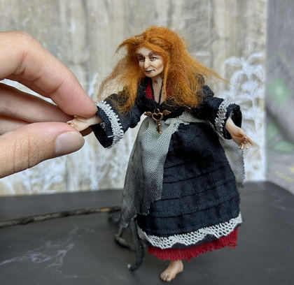 Full-scale view of a handmade gothic miniature — Small art doll Witch (9/9), one-of-a-kind sculpture by Ritunia