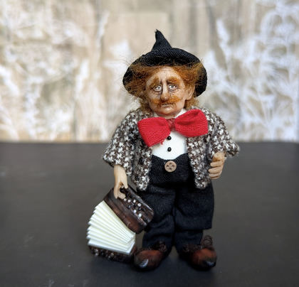 Full-scale view of a handmade gothic miniature — Small art doll Street Musician (9/15), one-of-a-kind sculpture by Ritunia