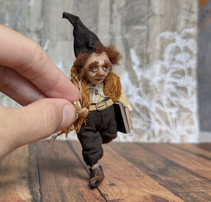 Full-scale view of a handmade gothic miniature — Small art doll Gnome with books (4/12), one-of-a-kind sculpture by Ritunia