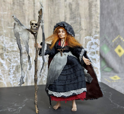 Full-scale view of a handmade gothic miniature — Small art doll Witch (6/9), one-of-a-kind sculpture by Ritunia
