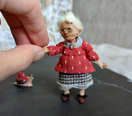 Tiny OOAK Grandma Art Doll with Pet Snail
