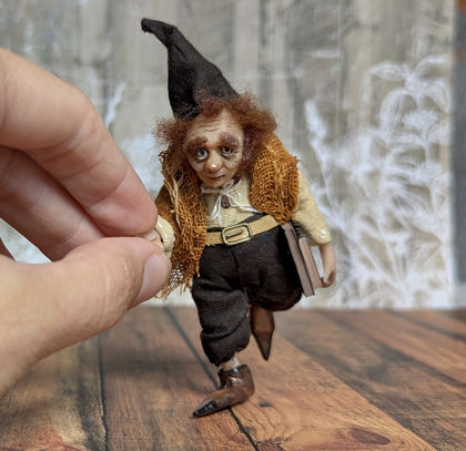 Full-scale view of a handmade gothic miniature — Small art doll Gnome with books (3/12), one-of-a-kind sculpture by Ritunia