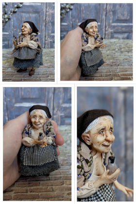 Full-scale view of a handmade gothic miniature — Granny with the bird (6/8), polymer clay, fabric, acrylics, varnish, wool