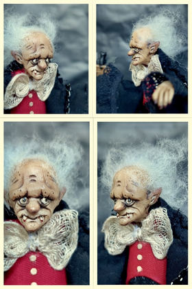 Full-scale view of a handmade gothic miniature — Small doll Vampire (7/10), Acrylic paint, polymer clay, fabric