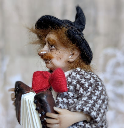 Full-scale view of a handmade gothic miniature — Small art doll Street Musician (15/15), one-of-a-kind sculpture by Ritunia
