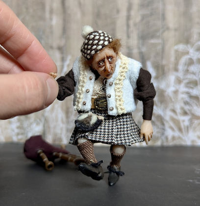 Full-scale view of a handmade gothic miniature — Small art doll Piper (11/15), Acrylic paint, polymer clay, fabric, wool