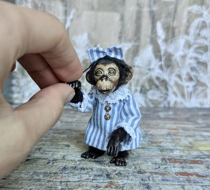 Full-scale view of a handmade gothic miniature — Small art doll Monkey (1/9), one-of-a-kind sculpture by Ritunia