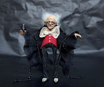 Full-scale view of a handmade gothic miniature — Small doll Vampire (9/10), Acrylic paint, polymer clay, fabric