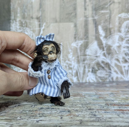 Full-scale view of a handmade gothic miniature — Small art doll Monkey (6/9), one-of-a-kind sculpture by Ritunia