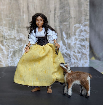 Full-scale view of a handmade gothic miniature — Small art doll Esmeralda (1/15), one-of-a-kind sculpture by Ritunia