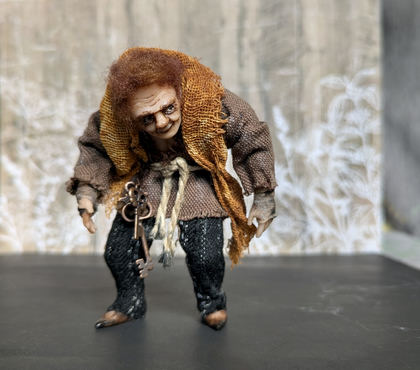 Full-scale view of a handmade gothic miniature — Small art doll Quazimodo (4/11), one-of-a-kind sculpture by Ritunia