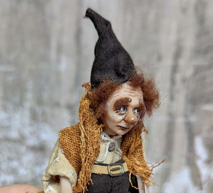 Full-scale view of a handmade gothic miniature — Small art doll Gnome with books (8/12), one-of-a-kind sculpture by Ritunia