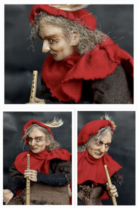 Full-scale view of a handmade gothic miniature — Small art doll Pied Piper (12/12), one-of-a-kind sculpture by Ritunia