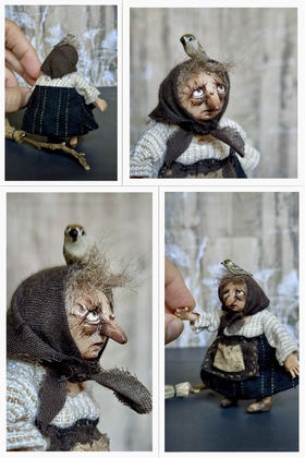Full-scale view of a handmade gothic miniature — Small Baba Yaga with bird (1/7)
