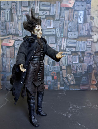 Full-scale view of a handmade gothic miniature — Art doll CaptainSalazar (8/8), Acrylic paint, polymer clay, fabric, wool