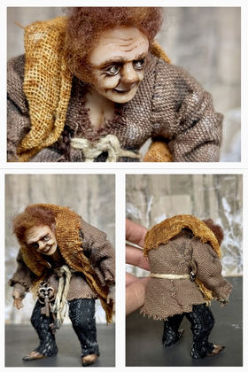 Full-scale view of a handmade gothic miniature — Small art doll Quazimodo (6/11), one-of-a-kind sculpture by Ritunia