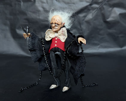 Full-scale view of a handmade gothic miniature — Small doll Vampire (2/10), Acrylic paint, polymer clay, fabric